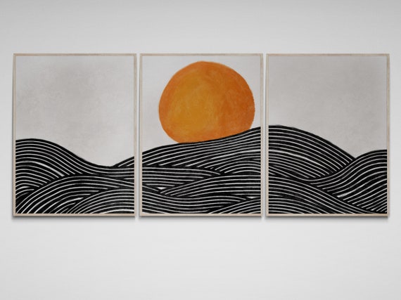 Waves and Sun Japandi Wall Art Triptych Set of 3 Prints, Simple