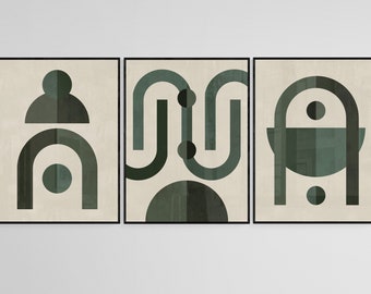 Puede incluir: Tres impresiones de arte abstracto con fondo beige y formas geométricas verdes. Las impresiones presentan círculos, semicírculos y líneas curvas.