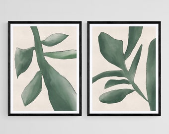 Botanical Sage Green Wall Art Watercolor Set of 2 Downloadable Art Prints, Neutral Printable Wall Art for Home or Office