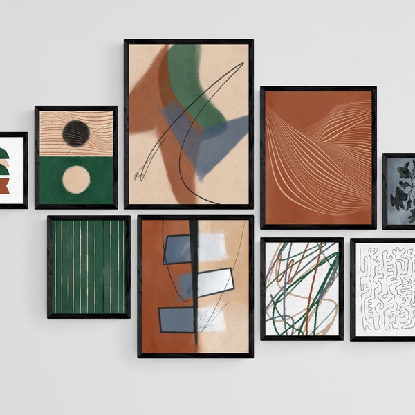 Modern Abstract Earth Tone Gallery Wall Art  Bundle, Set of 9 Prints, Line Art Prints, Modern Home Decor, Simple Printable Abstract Wall Art