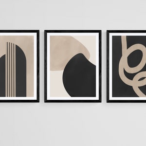 Neutral Abstract Wall Art, Black Beige Wall Set of 3 Prints, Mid Century Modern Prints, Minimalist Modern Digital Prints, Printable Wall Art