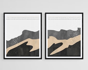 2 Piece Art Prints, Black Beige Wall Art, Bedroom Wall Art, Dining Room Art, Minimalist Contemporary Art, Black White Abstract Poster Set