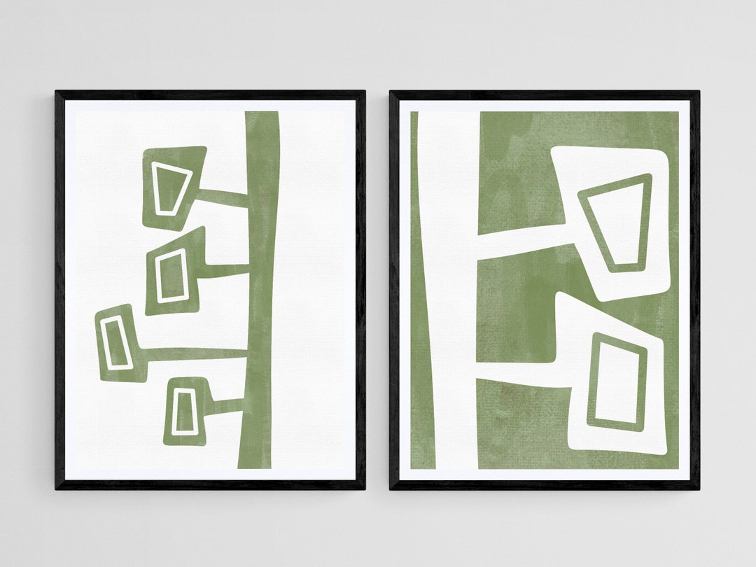 Modern Green & White Abstract Shapes Art, Set of 2 Wall Art Prints