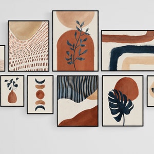Modern Navy Terracotta Boho Gallery Wall Set of 9 Prints, Abstract Printable Wall Art Decor Bundle for Home or Work