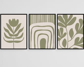 Boho Botanical Set of 3 Prints, Sage Green Wall Art Set, Minimalist Neutral Digital Prints, Instant Download, Organic Botanical Print Set