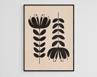 Beigesvart väggkonst, abstrakt bohoblommigt tryck, neutralt blomkonsttryck, beige utskrivbar konst, botanisk poster, digital nedladdning