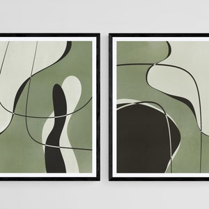Impresiones de arte de 2 piezas, Formas abstractas contemporáneas minimalistas modernas Líneas impresiones digitales, Arte de pared verde salvia, Conjunto de carteles abstractos