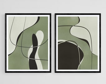 2 Piece Art Prints, Modern Minimalist Contemporary Abstract Shapes Lines Digital Prints, Sage Green Wall Art, Abstract Poster Set