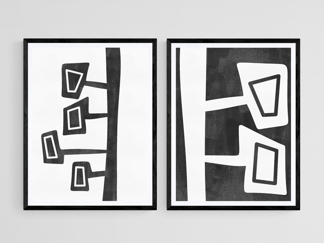 Modern Black and White Abstract Art, Set of 2 Wall Art Prints, Minimalistic Abstract