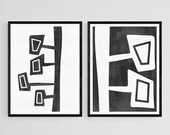Modern Black and White Abstract Art, Set of 2 Wall Art Prints, Minimalistic Abstract Contemporary Modern Shapes Art, Modern Black Shapes Art