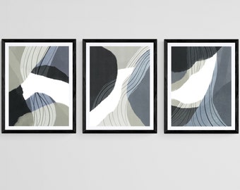 3 Piece Art Prints Blue Beige Minimal Neutral Abstract Art, Contemporary Wall Art, Modern Nordic Brush Stroke Art Prints, Designer Wall Art