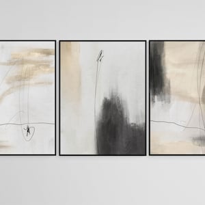 Modern Neutral Gallery Wall Art Set of 3, Black Beige Nordic Prints, Simple Abstract Minimalist Brush Strokes Art, Printable Wall Art Set