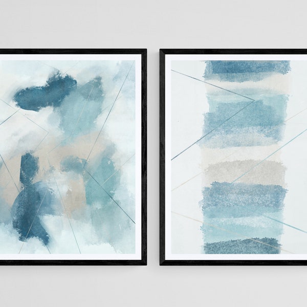 Contemporary Neutral Aqua Prints, Gray Beige Teal Wall Art, Set of 2 Prints, Abstract Wall Art, Minimalist Brush Strokes Art, Printable Art