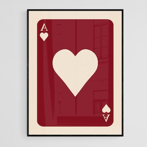 Ace of Hearts Poster, Red and White Playing Cards Wall Art, Trendy Retro Minimalist Illustration Print, Modern Wall Art, Digital Download