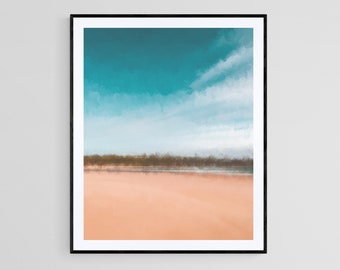 Abstract strandlandschap, neutrale kleuren, afdrukbare kunst aan de muur, digitaal schilderen, modern blauw zand minimaal abstract, digitale download
