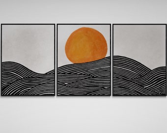 Waves and Sun Japandi Wall Art Triptych Set of 3 Prints, Simple