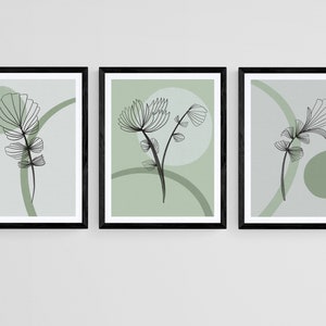 Set van 3 groene botanische kunst aan de muur prints, botanische muur prints, moderne botanische lijn kunst, groene home decor, woonkamer prints, groene kunst