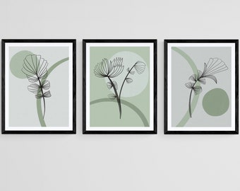 3er Set Grüne Botanische Wandkunstdrucke, Botanische Wanddrucke, Moderne Botanische Linie Kunst, Grünes Wohndekor, Wohnzimmer Drucke, Grüne Kunst