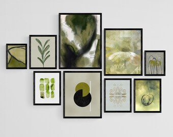 May include: A gallery wall of eight framed abstract art prints in shades of green and black. The prints feature geometric shapes, organic forms, and botanical motifs.