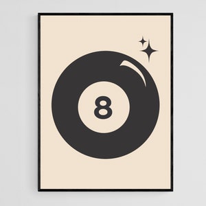 Trendy Retro 8 Ball Print Illustration Wall Art, Minimalist Modern Indie Decor, Game Room Poster, Large Printable Wall Art, Digital Download