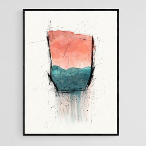Peut inclure: Impression d'art abstrait avec un motif aquarelle rouge et bleu. Le motif est encadré par une bordure noire et placé sur un fond blanc.