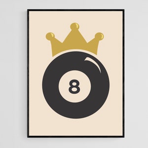Trendy Retro Crowned 8 Ball Print Illustration Wall Art, Modern Indie Decor, Game Room Poster, Large Printable Wall Art, Digital Download