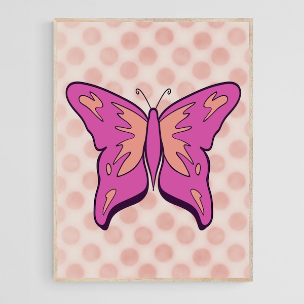 Pink Butterfly Art Print, Preppy Wall Art, Teen Bedroom Poster, Butterfly Wall Art, Y2K Decor, Line Art, Dorm Room Art, Printable Wall Art