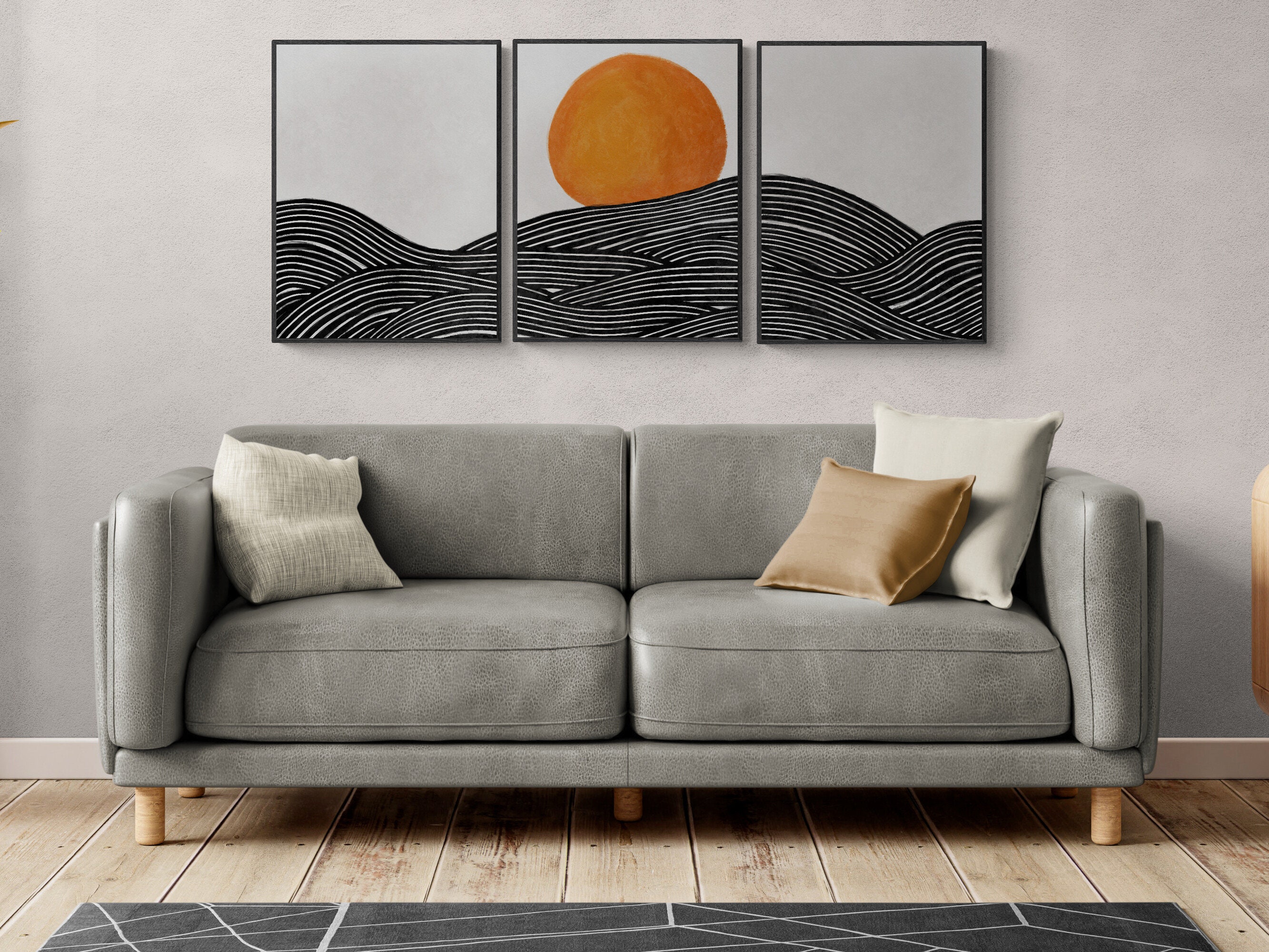 Waves and Sun Japandi Wall Art Triptych Set of 3 Prints, Simple