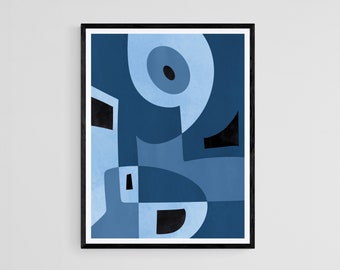 Geometric Abstract Blue and Black Shapes Printable Wall Art, Minimalist Wall Art, Blue Wall Decor, Simple Abstract Art Poster