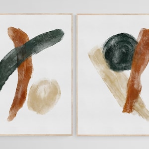 Set of 2 Earth Tone Printable Wall Art, Minimalistic Brush Strokes, Rusty Terracotta Art Prints, Green Burnt Orange Beige Digital Prints
