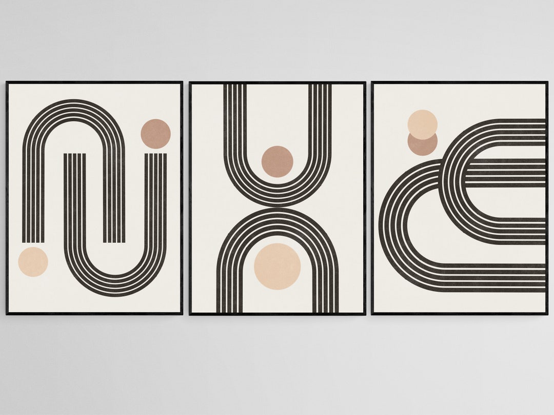 Neutral Abstract Mid Century Modern Wall Art Print Set of 3, Geometric ...