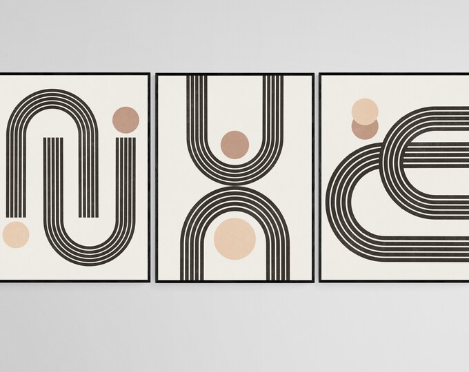 Mid Century Modern Wall Art Print Set of 3, Neutral Abstract Geometric ...