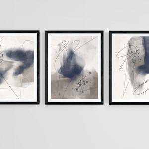Set of 3 Simple Abstract Wall Art Nordic Prints, Minimalist Brush Strokes Modern Line Drawing Abstract Art, Navy Beige Black Home Decor Art