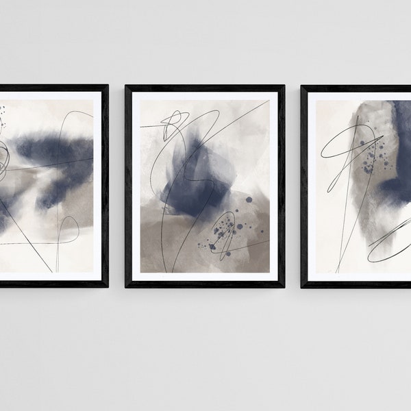 Set of 3 Simple Abstract Wall Art Nordic Prints, Minimalist Brush Strokes Modern Line Drawing Abstract Art, Navy Beige Black Home Decor Art