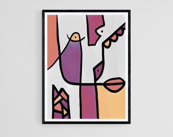 Colorful Wall Art Print, Digital Printable, Abstract Face Wall Decor, Gifts for Her, Pink Purple Yellow Orange, Girl Room Art Print, Fun Art