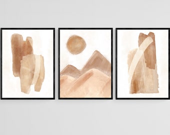 Boho Neutral Set of 3 Prints, Landscape Wall Art Set, Minimalist Neutral Digital Prints, Instant Download, Textured Brush Strokes Print Set
