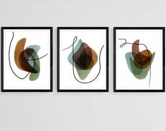 Conjunto de arte de parede de 3 peças de tríptico moderno simples, arte de parede para impressão para download, conjunto de formas abstratas coloridas de 3 impressões para trabalho ou casa