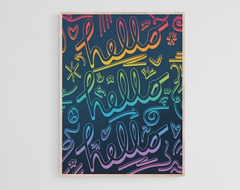 Bright Neon Rainbow Gradient Hello Poster, Room Decor Aesthetic Y2K, Maximalist Room Decor, Abstract Trendy Wall Art, Groovy Preppy Gift