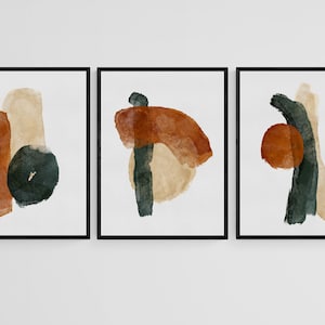 Set of 3 Earth Tone Wall Art, Minimalistic Brush Strokes, Rusty Poster Set, Terracotta Art Prints, Green Burnt Orange Beige Digital Prints