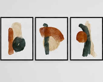 Set of 3 Earth Tone Wall Art, Minimalistic Brush Strokes, Rusty Poster Set, Terracotta Art Prints, Green Burnt Orange Beige Digital Prints