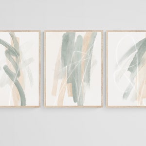 Set of 3 Sage Green and Beige Wall Art, Minimalistic Brush Strokes,  Sage Green Art Prints Poster Set, Sage Green Beige White Digital Prints