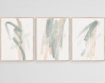 Set of 3 Sage Green and Beige Wall Art, Minimalistic Brush Strokes,  Sage Green Art Prints Poster Set, Sage Green Beige White Digital Prints