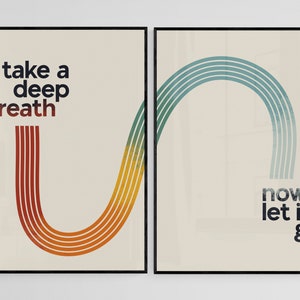Inhale Exhale Print Set of 2, Take A Deep Breath Now Let It Go, Therapy Office Decor, Retro Feel Mental Health Poster, Calming Wall Art