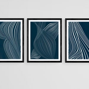 Dunkelblaue Kunstdrucke, Minimalistische Linien Kunst, 3er-Set druckbare Kunst, abstrakte Linienkunst, moderne Linienzeichnung, Minimalistisches Poster-Set