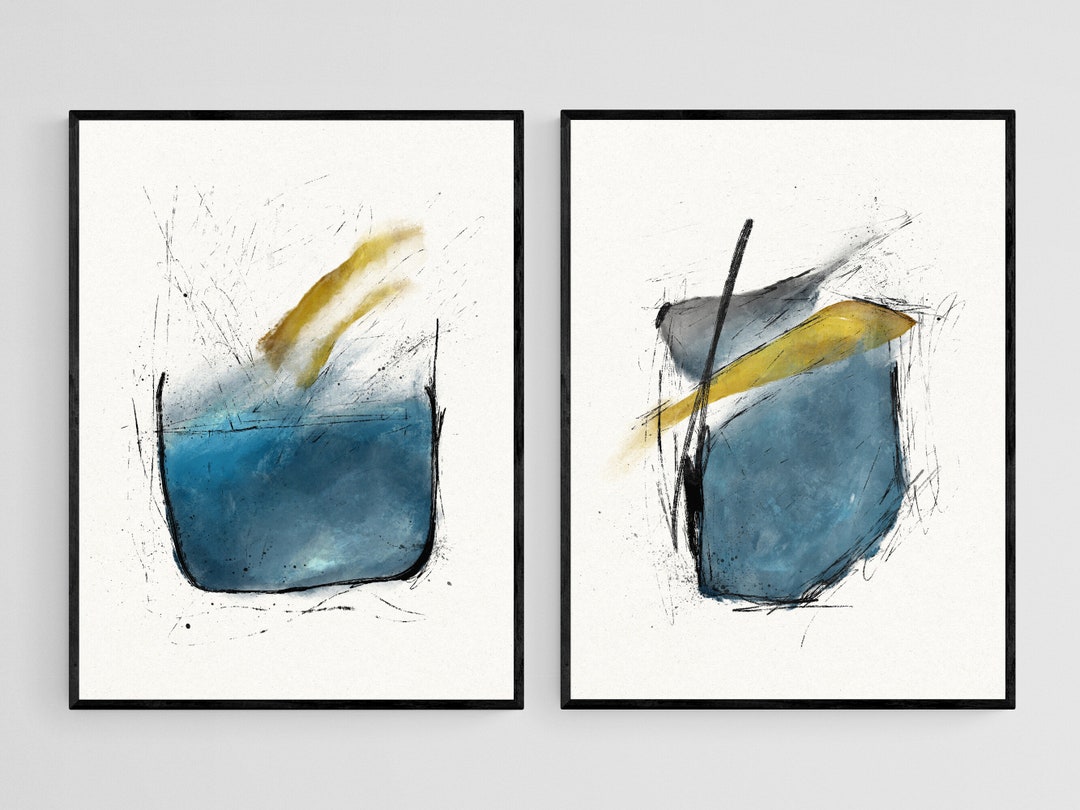 Modern Abstract Art Set of 2, Nordic Prints Blue Yellow Abstract Art ...