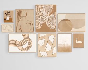 Modern Gallery Wall Set of 9 Prints, Simple Neutral Color Boho Bundle Printable Wall Art for Home or Work
