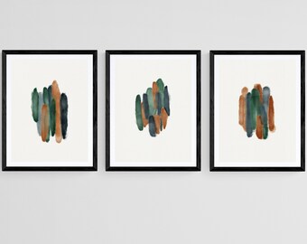 Earth Tone Wall Art, Minimalistic Brush Strokes, 3 Piece Wall Art, Printable Wall Art, Rusty Poster Set, Terracotta Art Prints, Green Blue