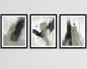 Sage Green Abstract 3 Piece Wall Art Prints, Abstract Poster Set, Bedroom Wall Art, Living Room Art, Minimalist Contemporary Art Prints
