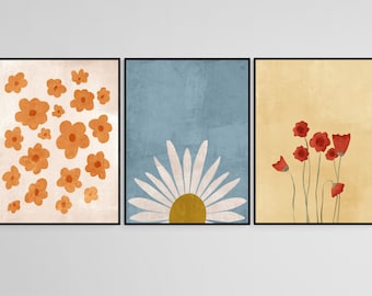 Flower Gallery Wall Art Set of 3 Prints, Textured Flower Art, Instant Download, Printable Wall Art, Botanical Print Set, Boho Botanical Set