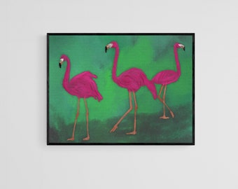 Fun Pink Flamingo Digital Painting Printable Wall Art Downloadable Print, Digital Download Large Poster Pink Decor for Home or Work